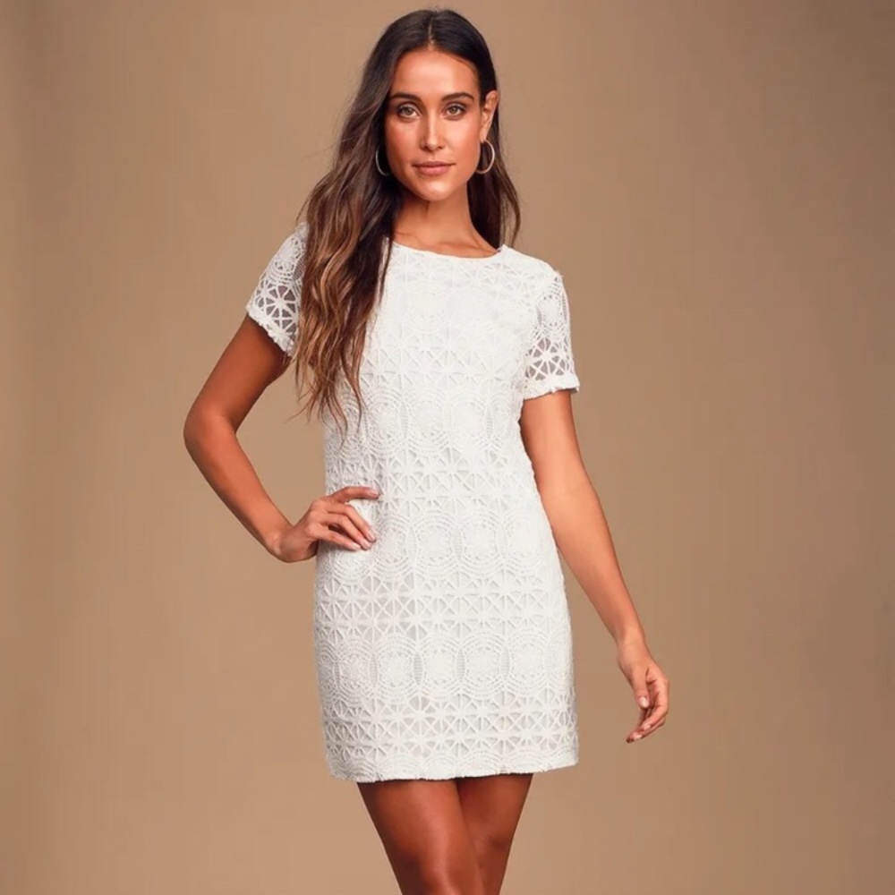 Lulu’s Love You For Eternity White Lace Shift Mini Dress Medium